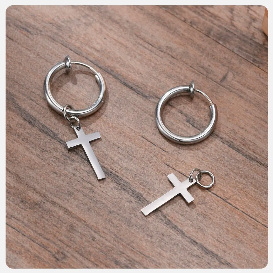 1 Piece Anti Allergy Stainless Steel Cross Clip Earrings for Men and Women