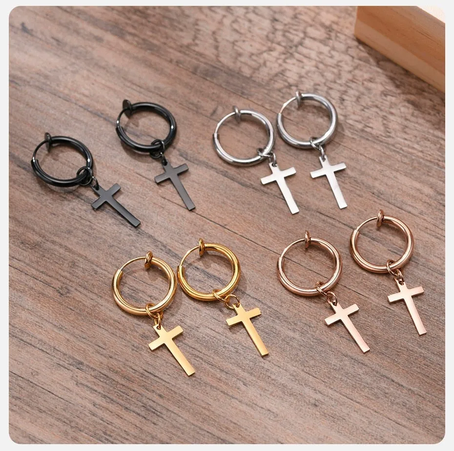 1 Piece Anti Allergy Stainless Steel Cross Clip Earrings for Men and Women