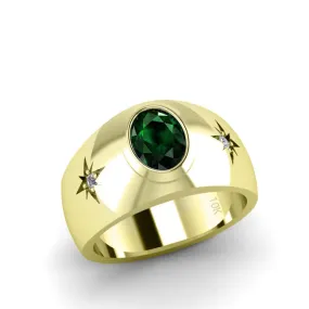 10K Yellow Gold Men's Vintage Ring 0.06ct Diamonds with Green Emerald Gift for Man