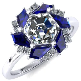 7.0mm Hexagon Center Kite Cut Blue Sapphire Cluster Halo Ring