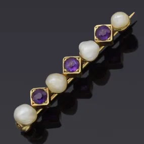 Antique 14K Yellow Gold Amethyst & Sea Pearl Bar Brooch Pin