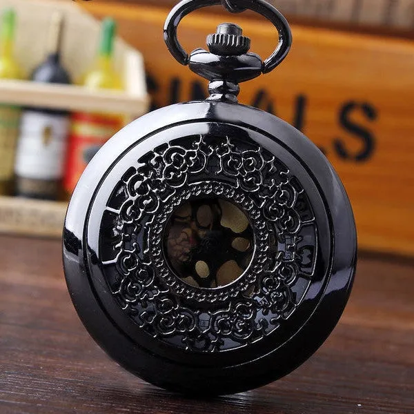 Antique Retro Fashion Unisex Black Hollow Round Glass Case Pocket FOB Watch