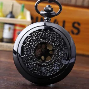 Antique Retro Fashion Unisex Black Hollow Round Glass Case Pocket FOB Watch