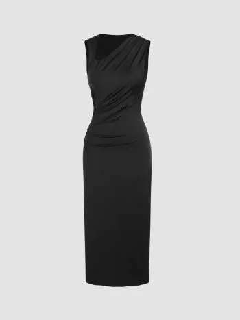 Asymmetrical neck solid ruched maxi dress in black