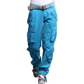 Autumn Winter Unisex Blue Many Pockets Cargo Pants Joggers Trousers