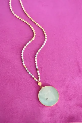 Beaded Long Necklace with Semi Precious Amazonite Stone Round Pendant