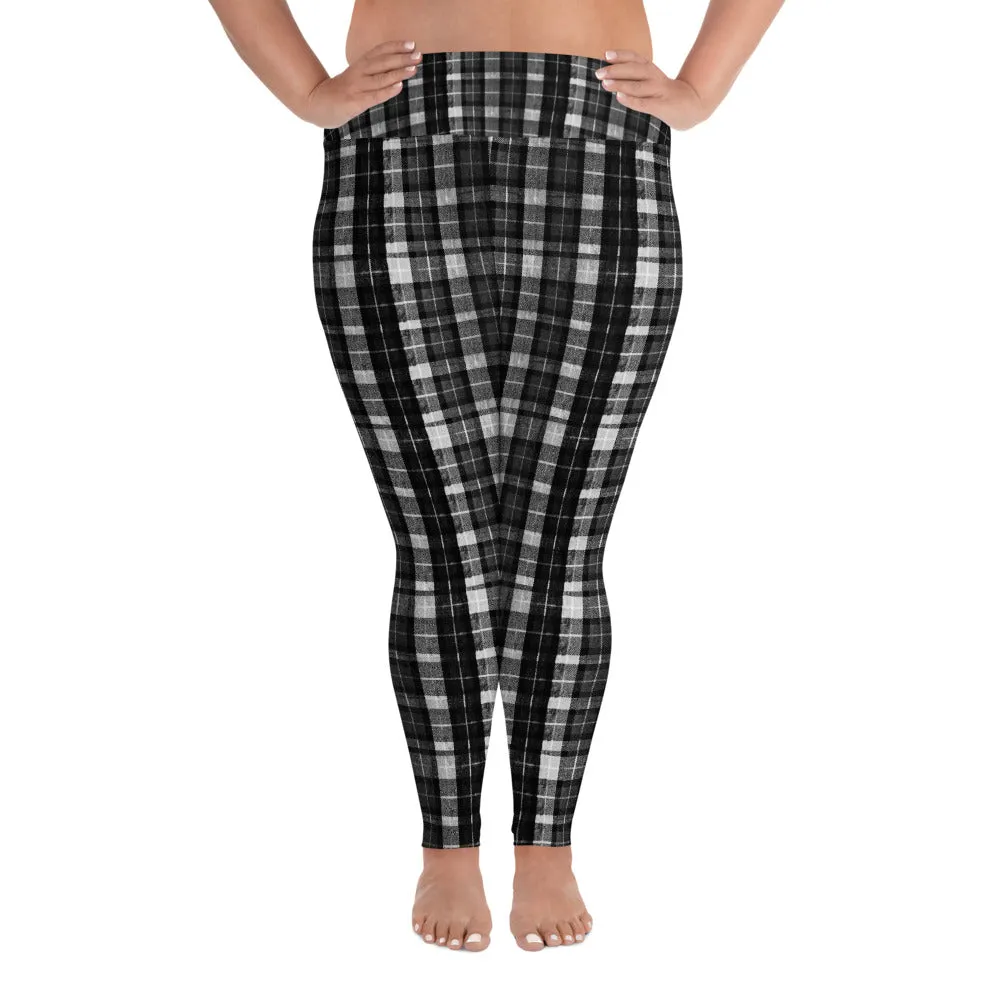 Black Plaid Plus Size Leggings, Tartan Scottish Print Women's High Waist Long Yoga Pants