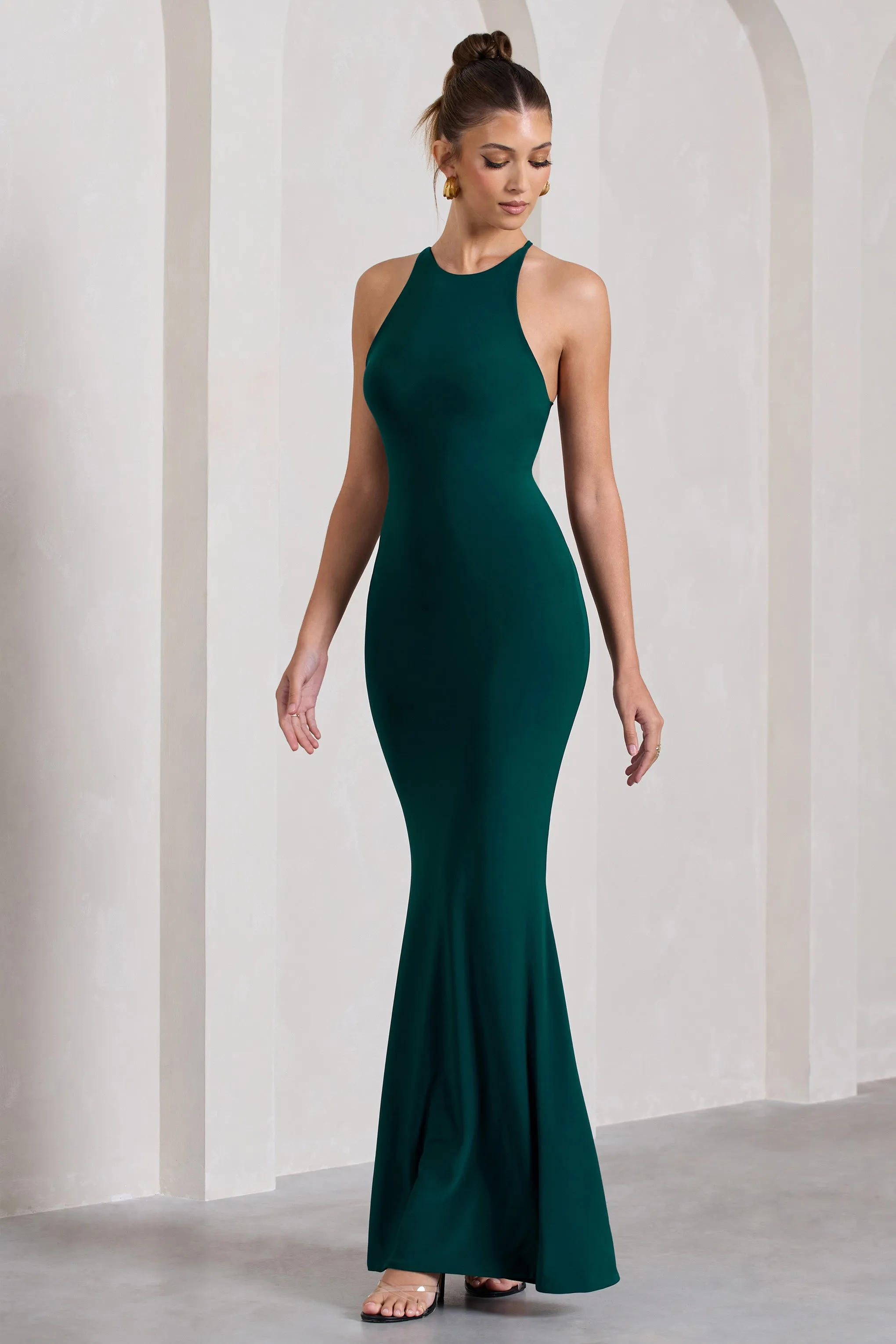 Brianna | Bottle Green Sleeveless Halter-Neck Open-Back Maxi Dress