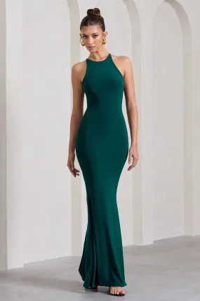 Brianna | Bottle Green Sleeveless Halter-Neck Open-Back Maxi Dress