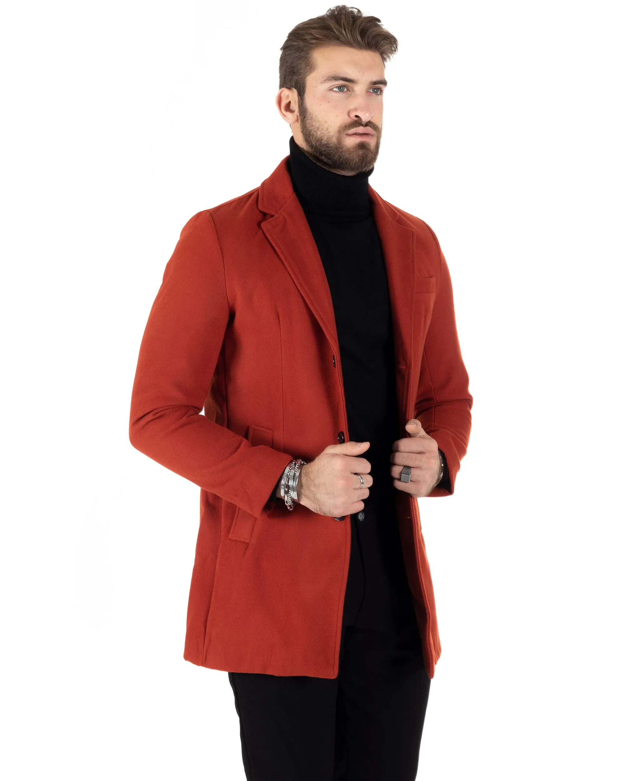 Cappotto Monopetto Uomo Giacca Colletto Reverse Giaccone Tinta Unita Ruggine Baronetto Elegante GIOSAL-CO1005A