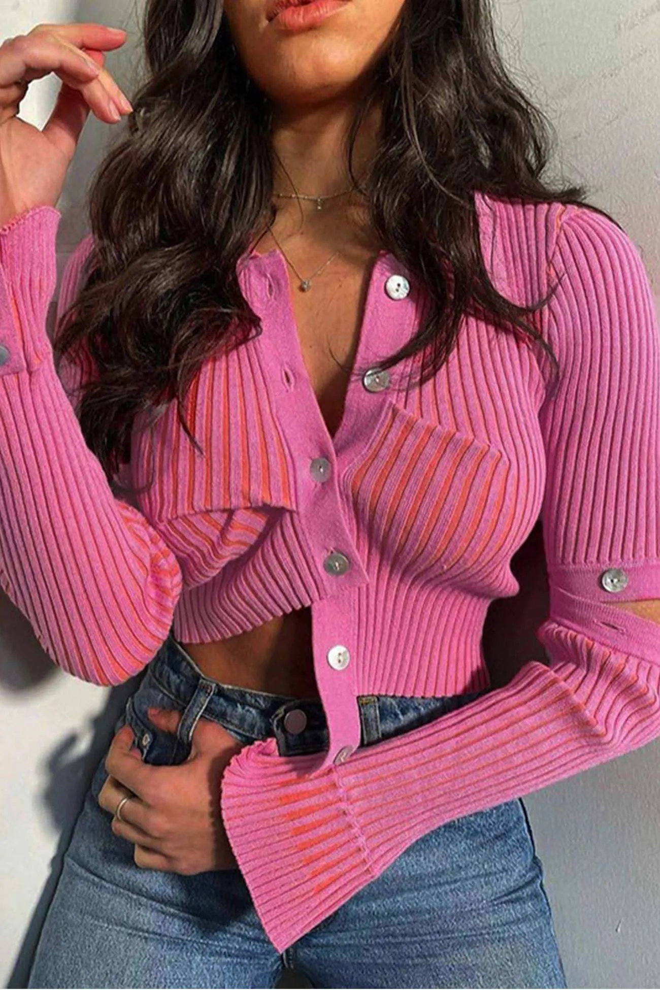 Detachable Sleeve Button Down Knitted Tops