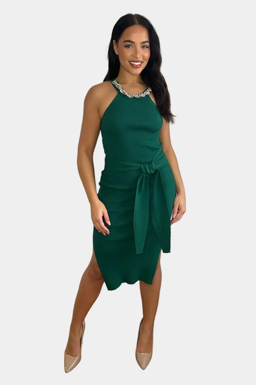 Embellished Halterneck Knitted Midi Dress