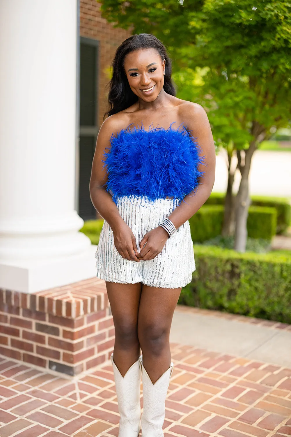 Fancy Strapless Feather Crop Top - Royal Blue