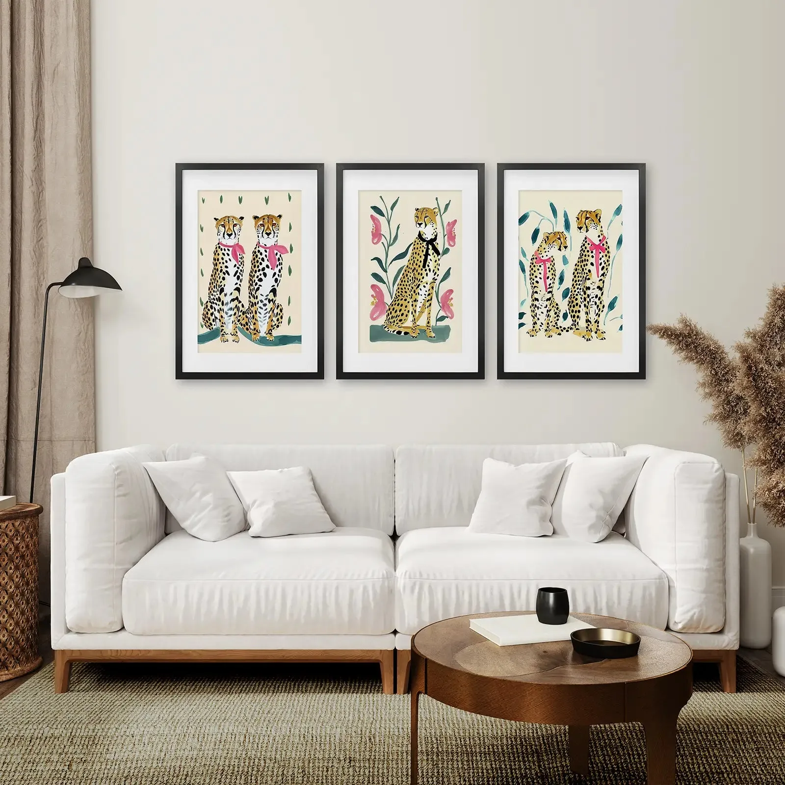 Funny Leopard Set. Modern Wall Art Prints. Beige & Pink