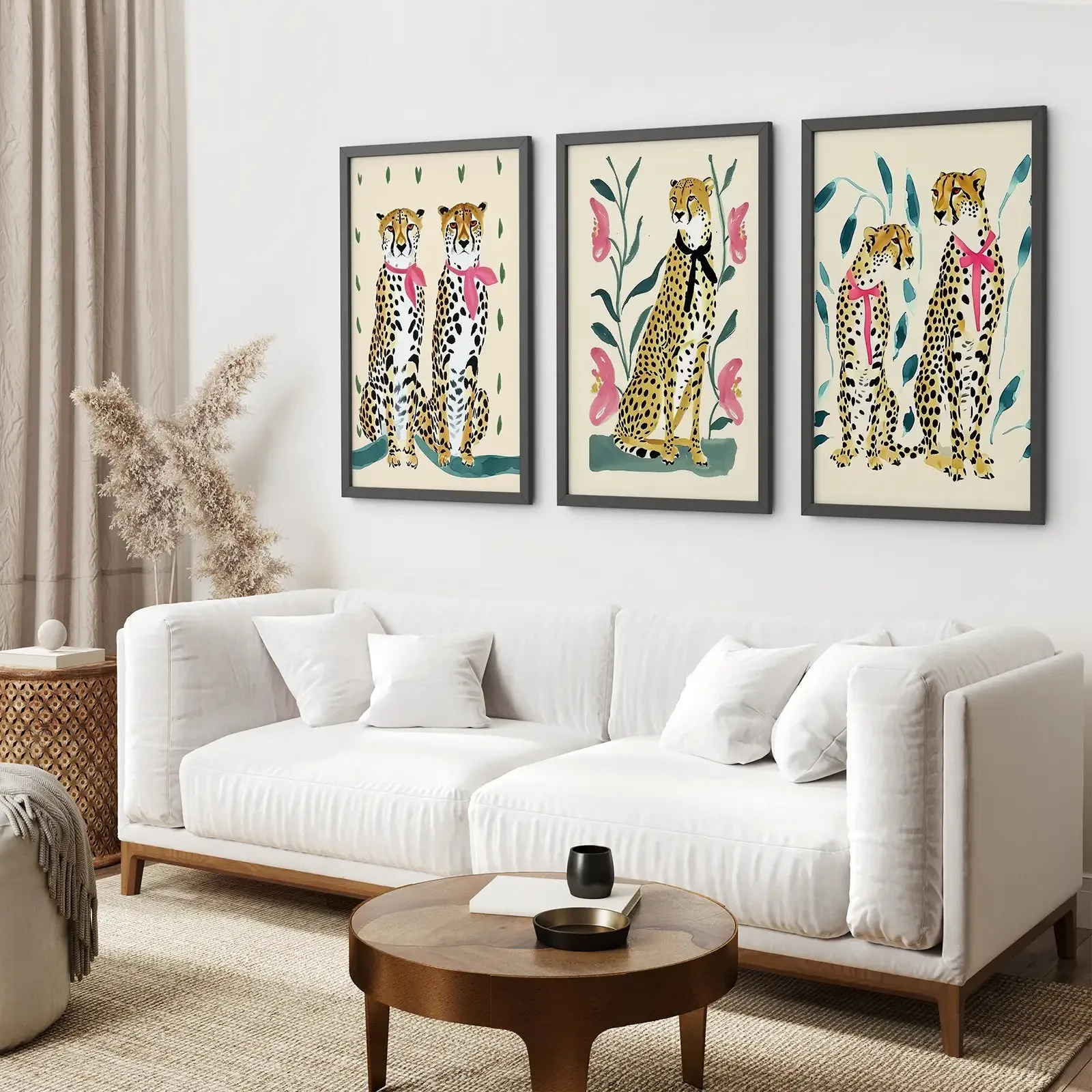 Funny Leopard Set. Modern Wall Art Prints. Beige & Pink