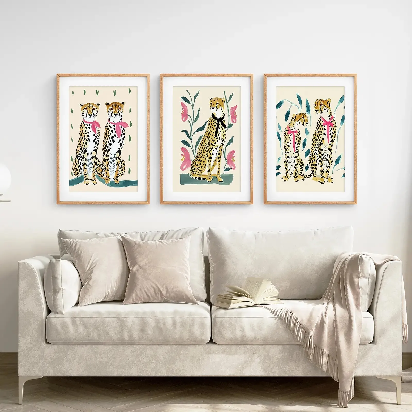 Funny Leopard Set. Modern Wall Art Prints. Beige & Pink