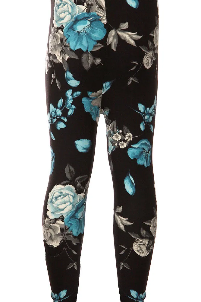 Kid's Blue Flower and Bird Pattern Printed Leggings