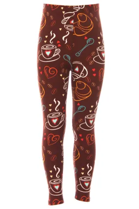 Kid's Colorful Coffee Tea Baguette Pattern Printed Leggings