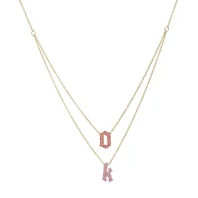 Layered Two-Tone Birthstone Pave Gothic Initials Necklace