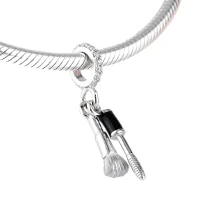 Makeup Mascara & Brush Dangle Charm 925 Sterling Silver