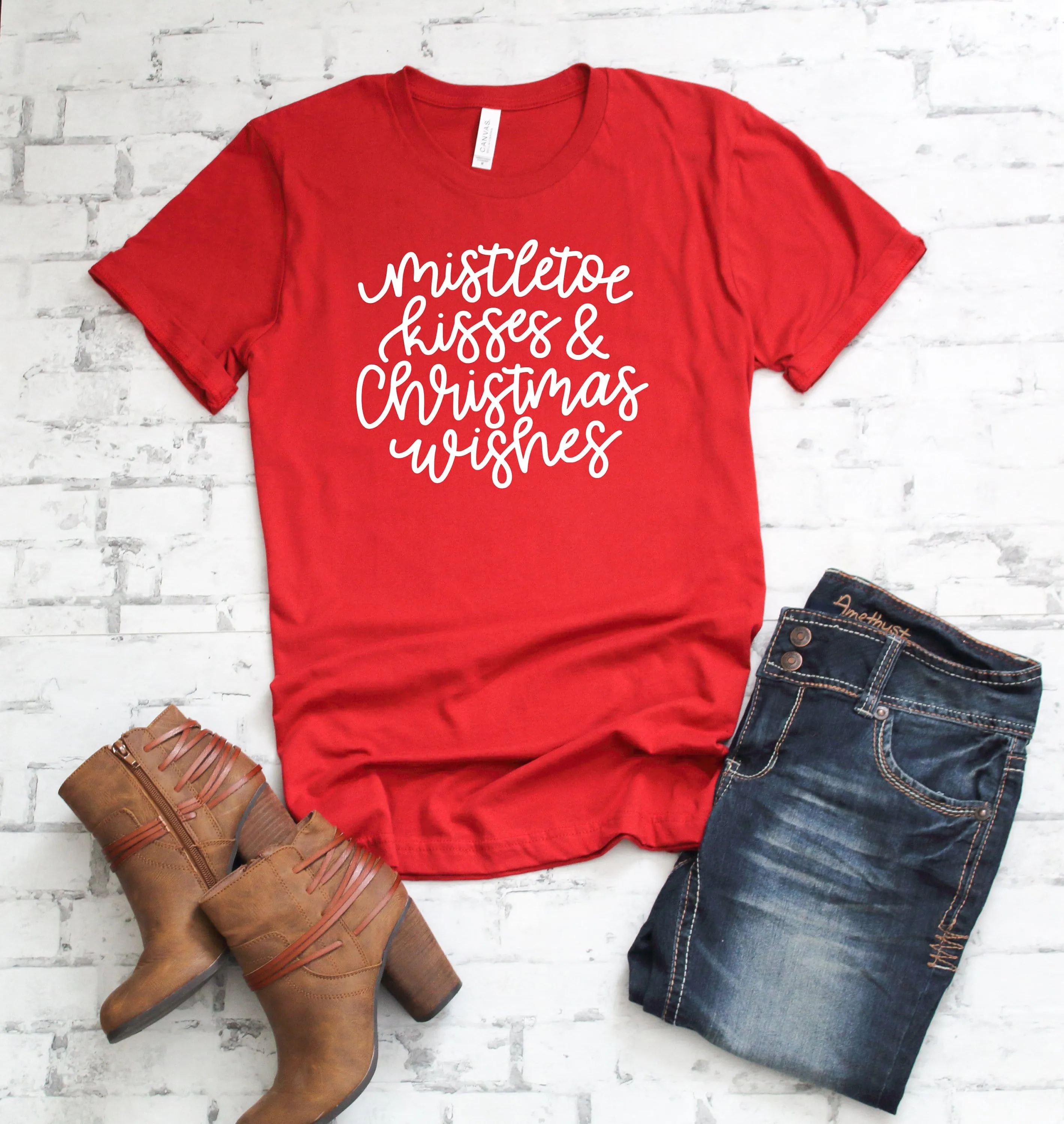 Mistletoe kisses and Christmas wishes womens T shirt - shirts with holiday sayings - Christmas Tees