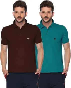 ONN Men's Cotton Polo T-Shirt (Pack of 2) in Solid Coffee-Peacock Blue colours