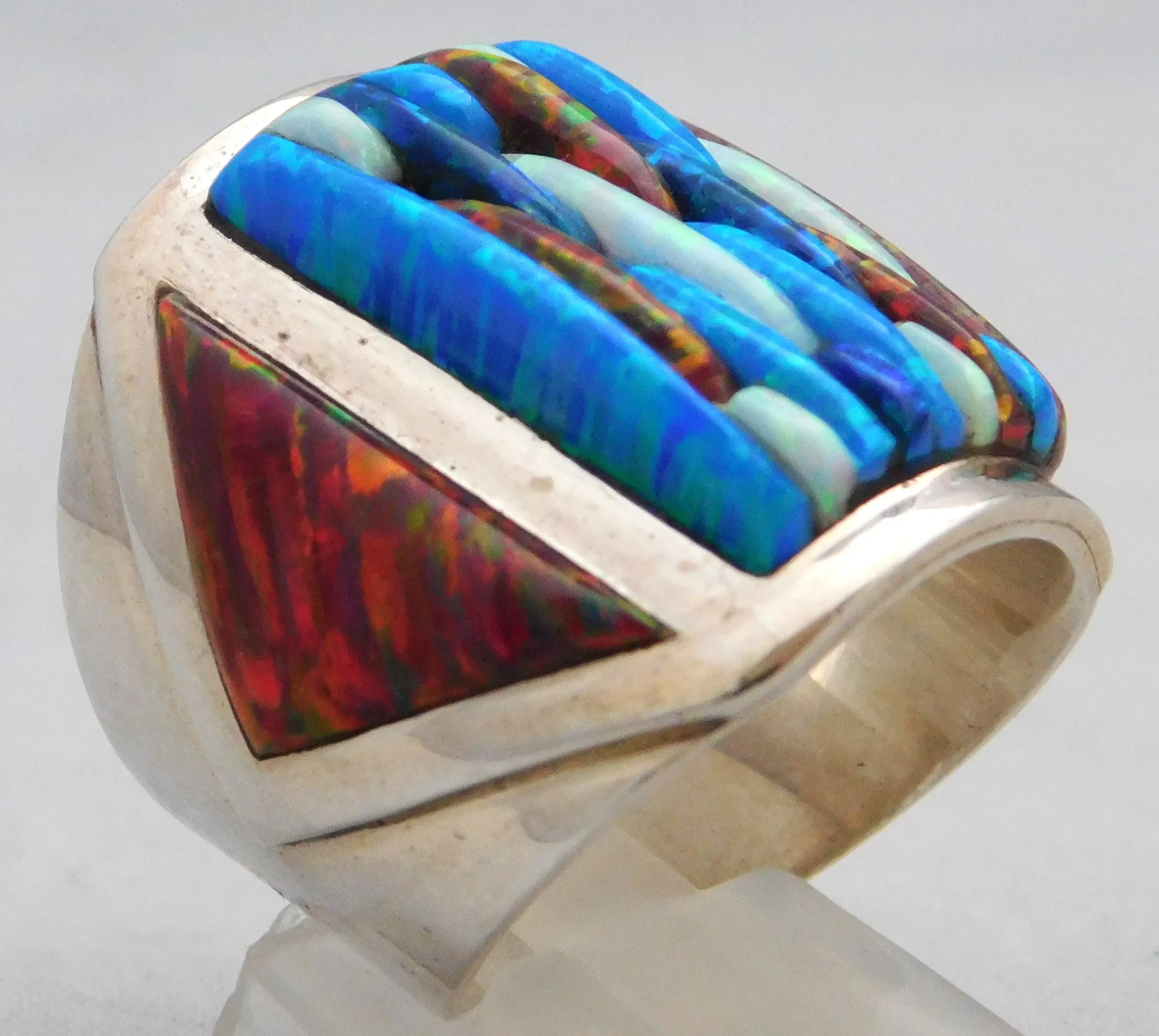 Opal Brilliant Quad-Hued Fire Flashing Solid Sterling Silver Huge Mens Ring Size 10