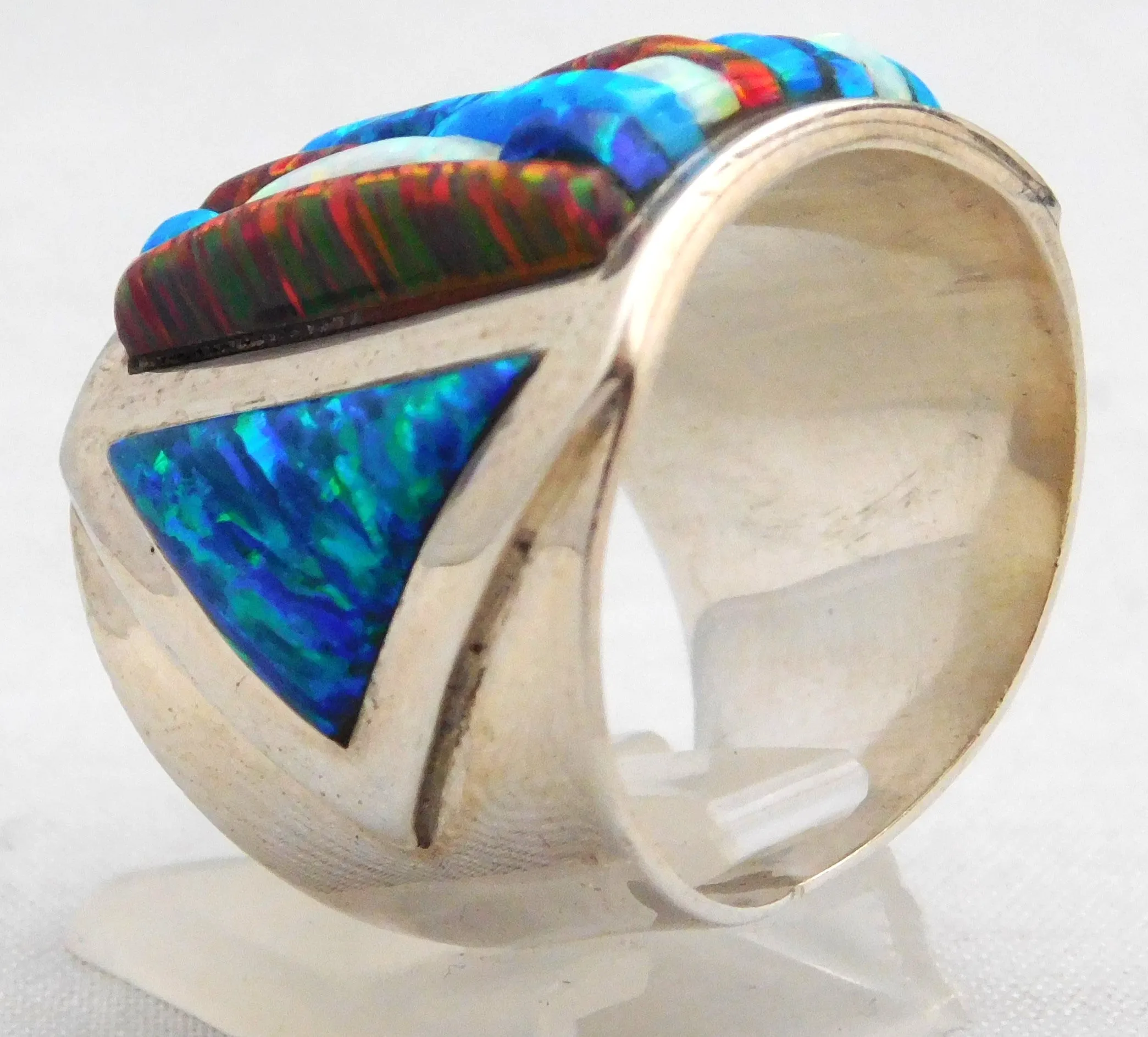 Opal Brilliant Quad-Hued Fire Flashing Solid Sterling Silver Huge Mens Ring Size 10