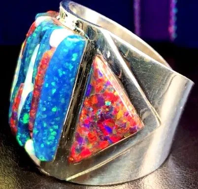 Opal Brilliant Quad-Hued Fire Flashing Solid Sterling Silver Huge Mens Ring Size 10