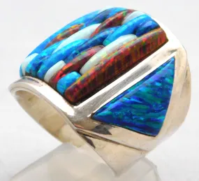 Opal Brilliant Quad-Hued Fire Flashing Solid Sterling Silver Huge Mens Ring Size 10