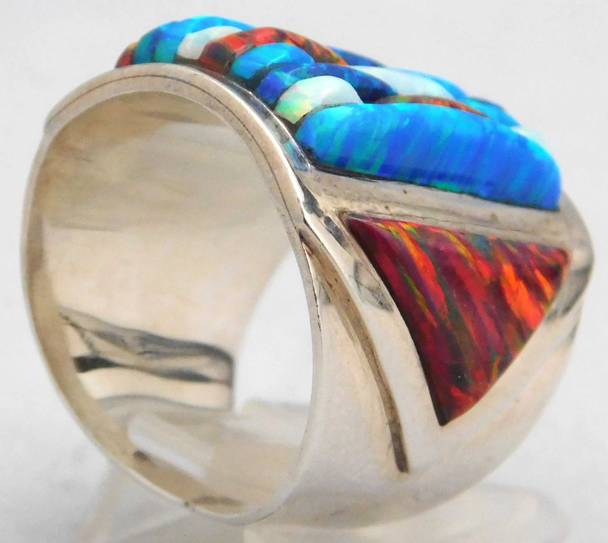 Opal Brilliant Quad-Hued Fire Flashing Solid Sterling Silver Huge Mens Ring Size 10