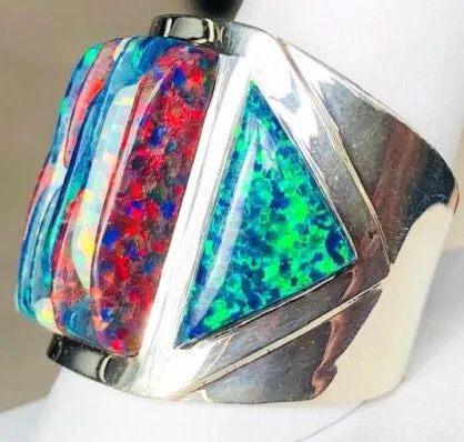 Opal Brilliant Quad-Hued Fire Flashing Solid Sterling Silver Huge Mens Ring Size 10