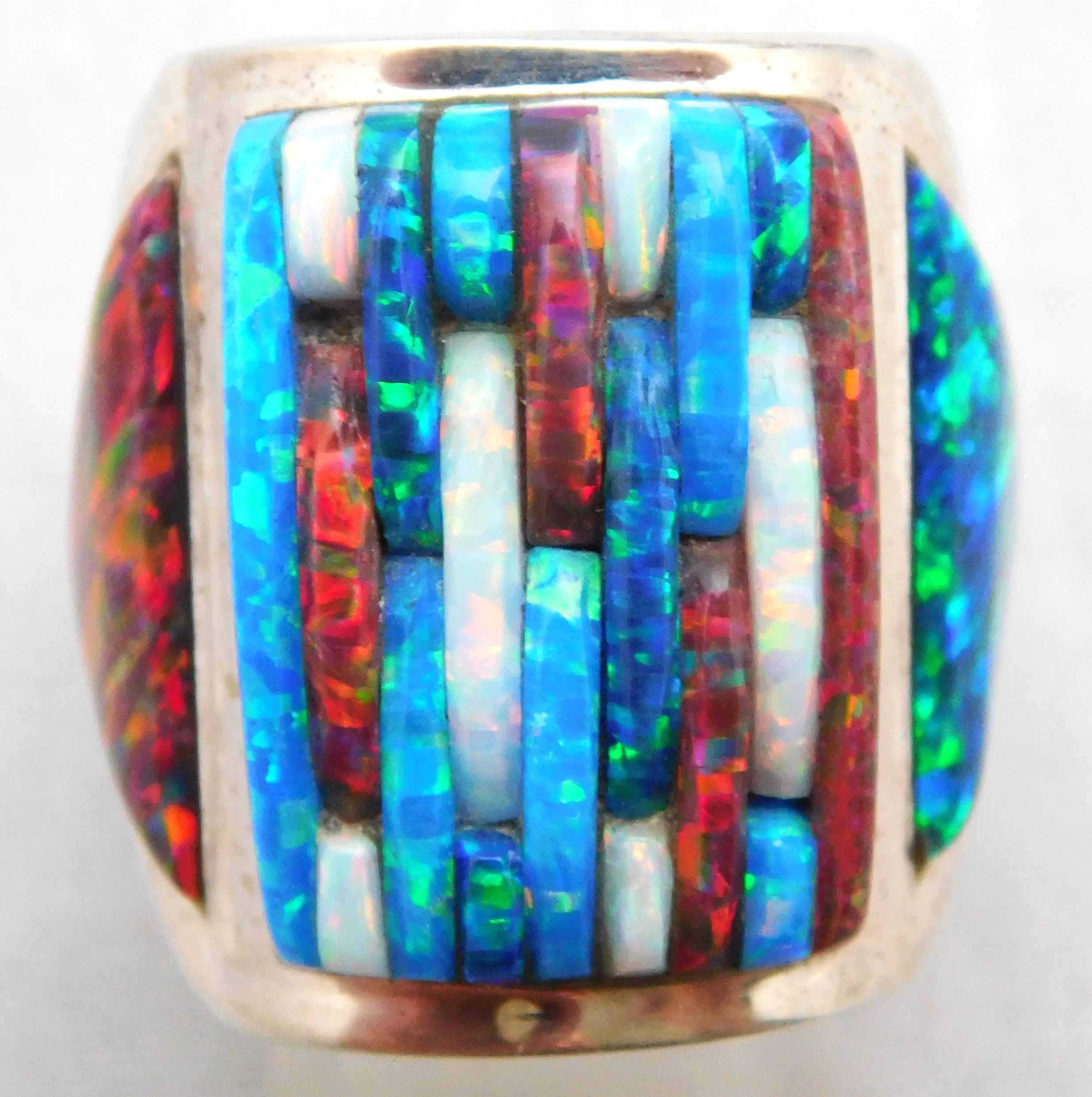 Opal Brilliant Quad-Hued Fire Flashing Solid Sterling Silver Huge Mens Ring Size 10