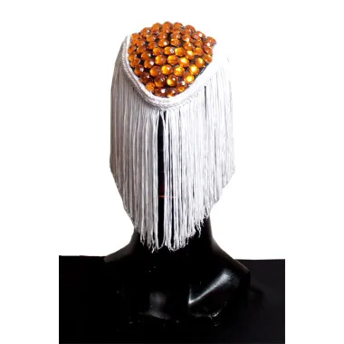 PLASTIC MASK WITH FRINGE FLOWS AND ORANGE BEADS