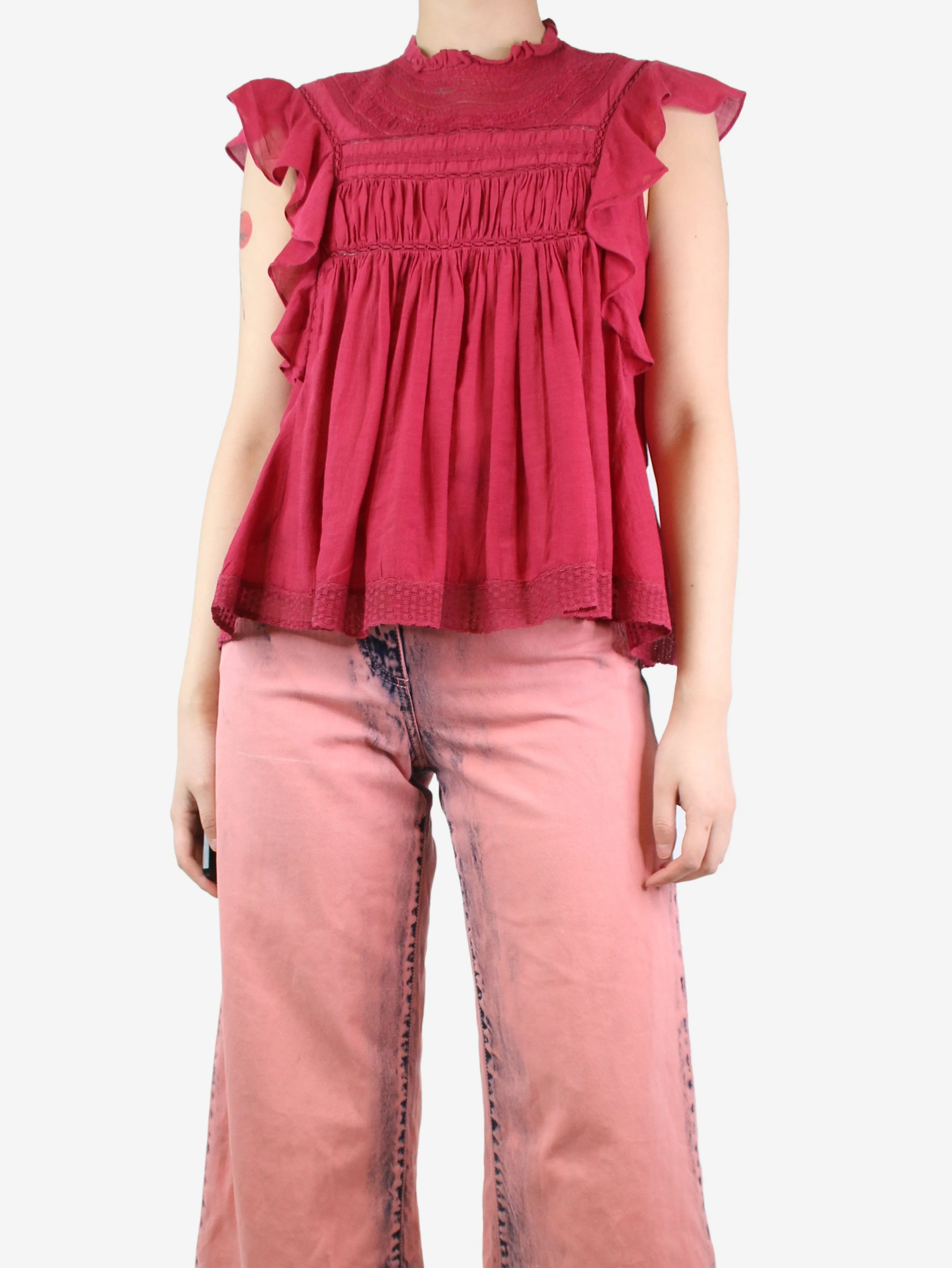 Red sleeveless ruffled top - size UK 8