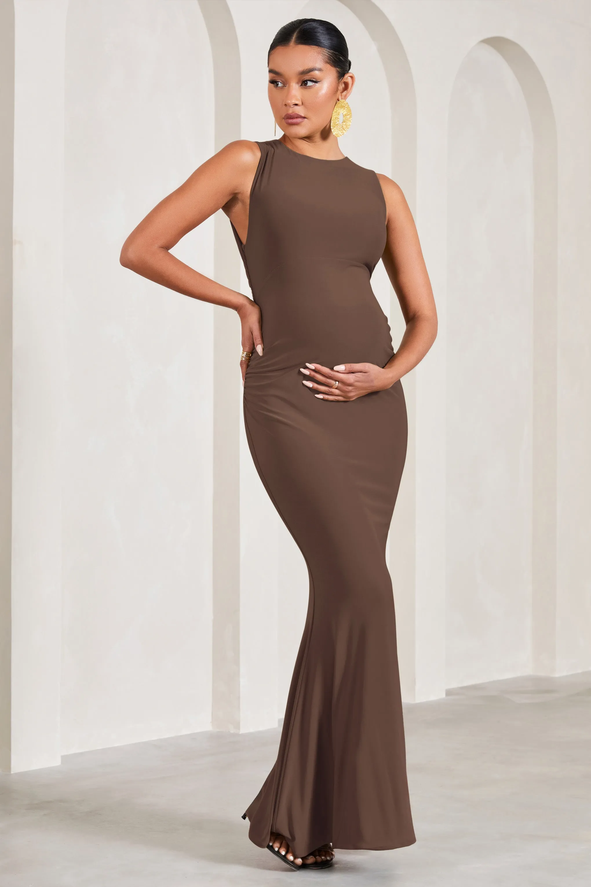 Riley | Chocolate Ruched Sleeveless Open-Back Maternity Maxi Dress