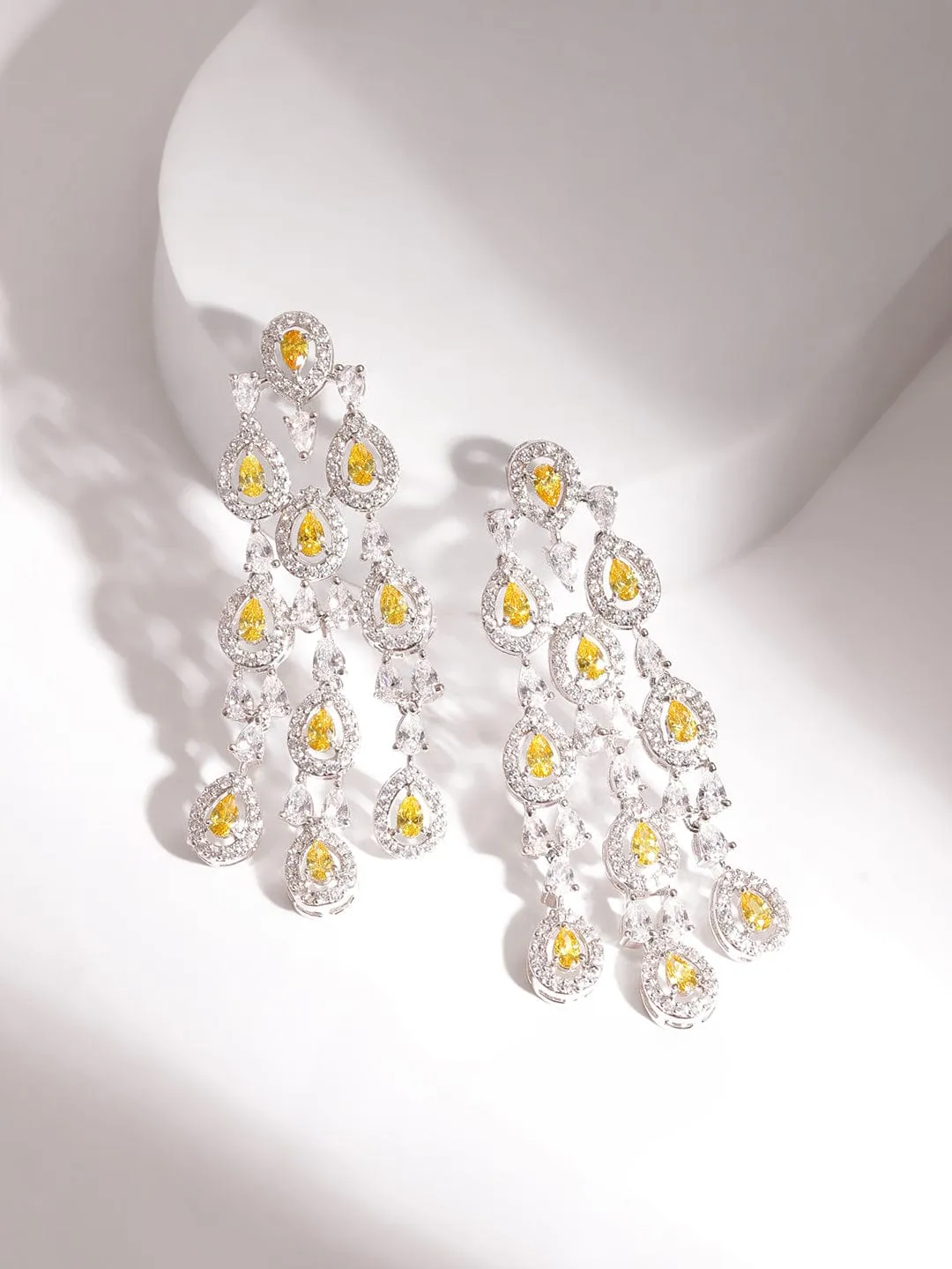 Rubans Rhodium Plated Yellow Sapphire studded Zirconia embellished Drop Earring