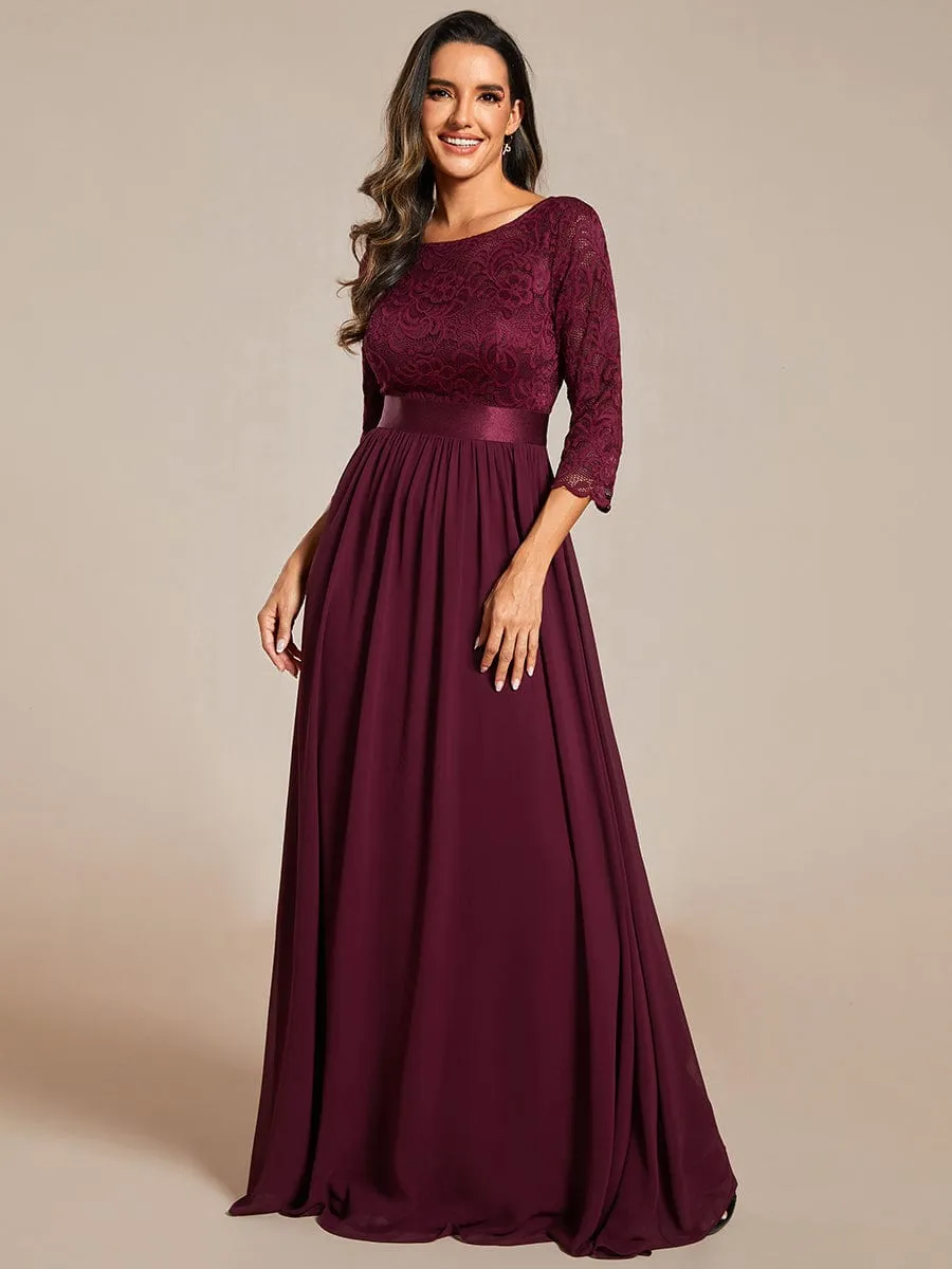 See-Through Floor Length Lace Chiffon Evening Dress with Half Sleeve