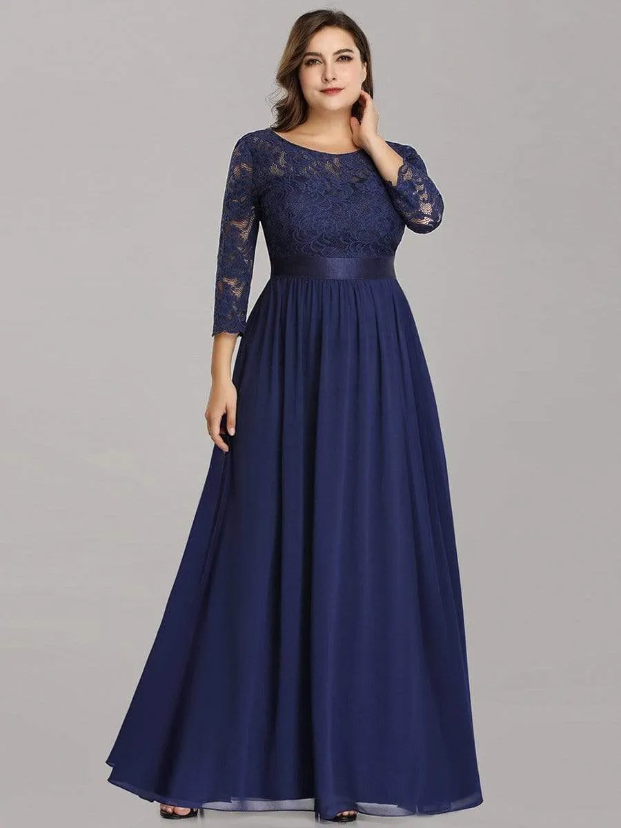 See-Through Floor Length Lace Chiffon Evening Dress with Half Sleeve