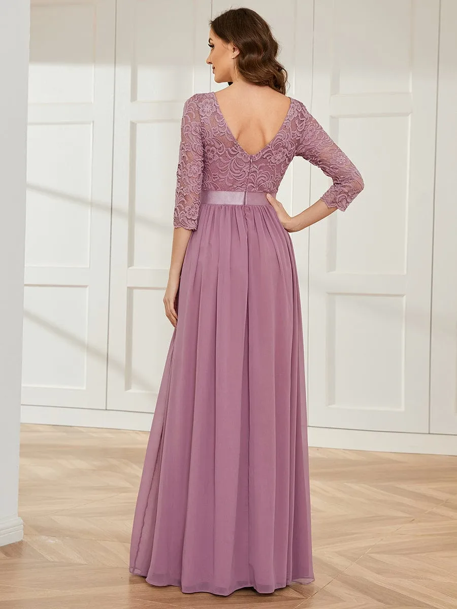 See-Through Floor Length Lace Chiffon Evening Dress with Half Sleeve