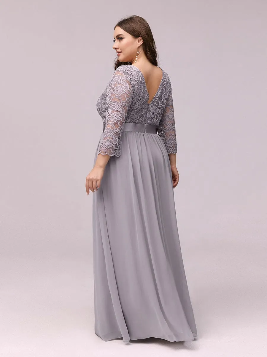 See-Through Floor Length Lace Chiffon Evening Dress with Half Sleeve