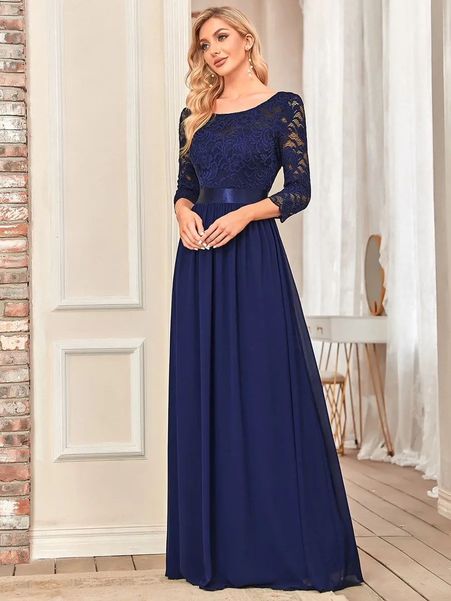 See-Through Floor Length Lace Chiffon Evening Dress with Half Sleeve