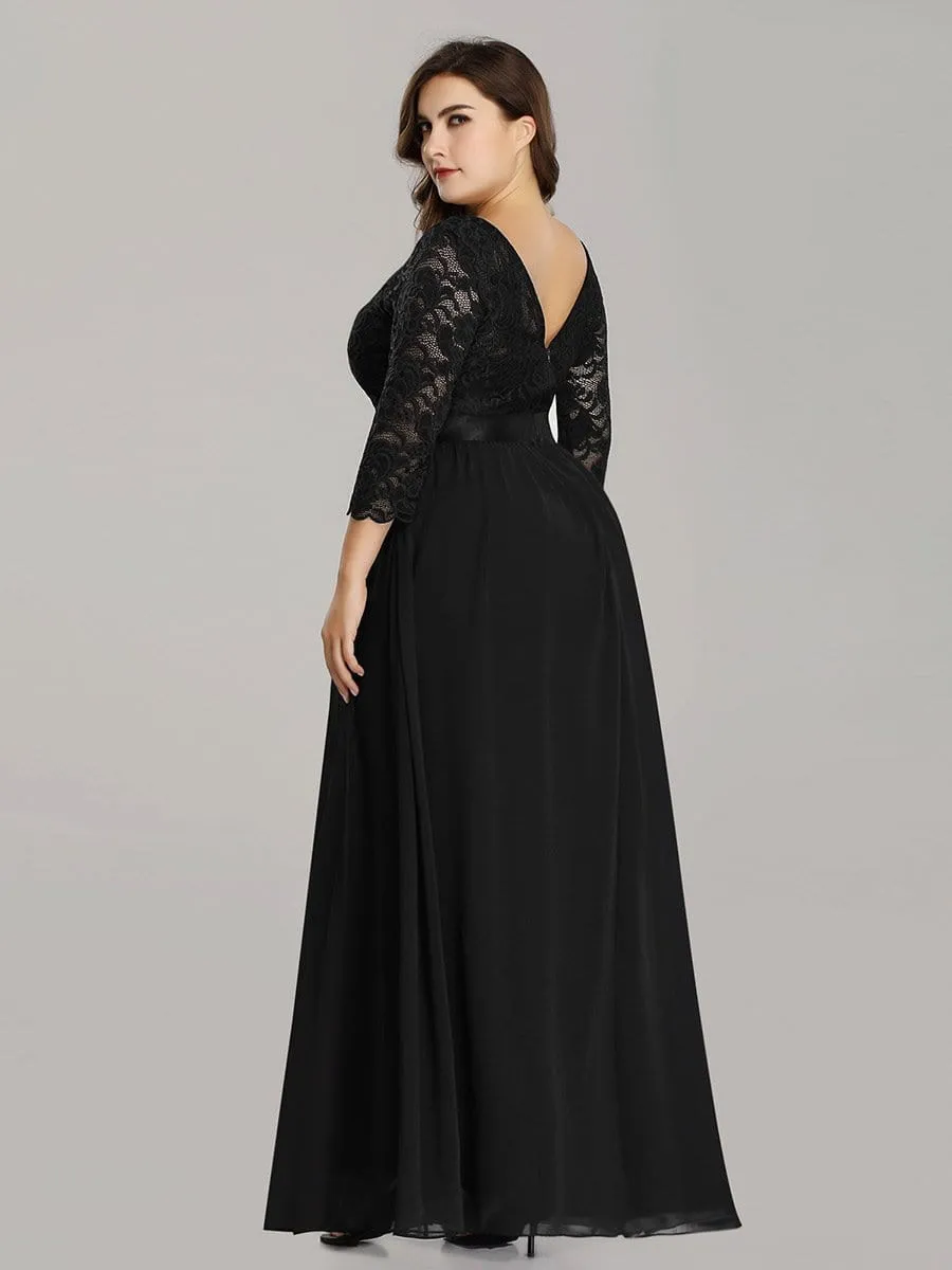 See-Through Floor Length Lace Chiffon Evening Dress with Half Sleeve