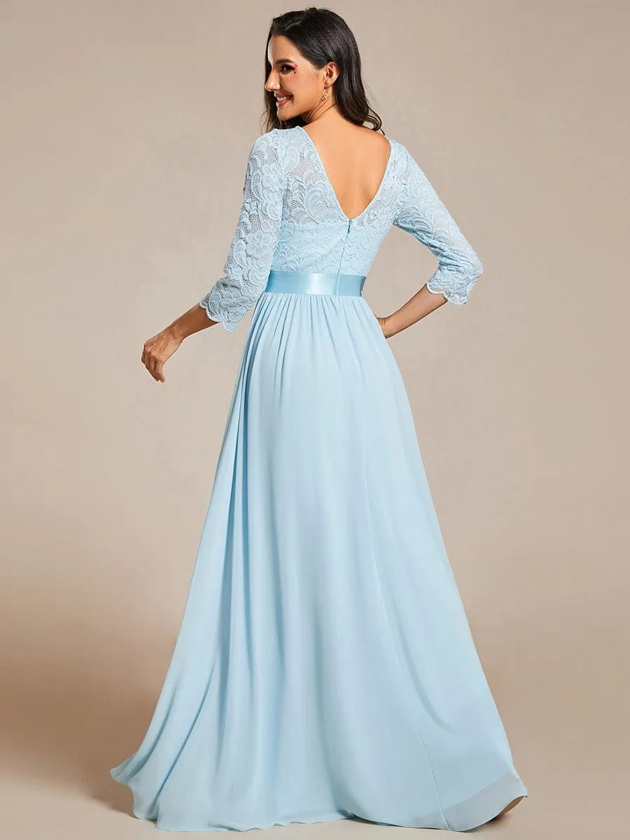 See-Through Floor Length Lace Chiffon Evening Dress with Half Sleeve