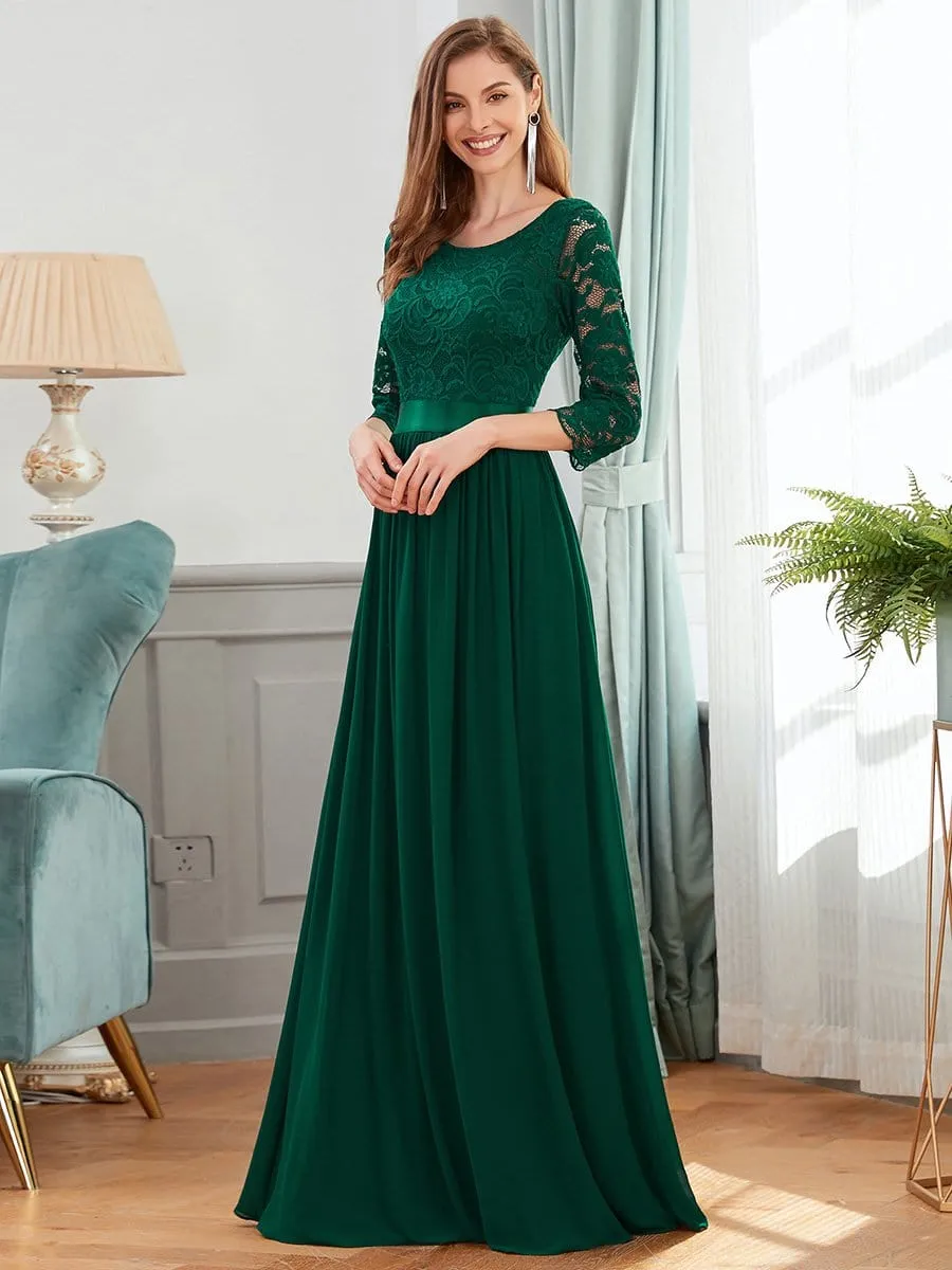 See-Through Floor Length Lace Chiffon Evening Dress with Half Sleeve