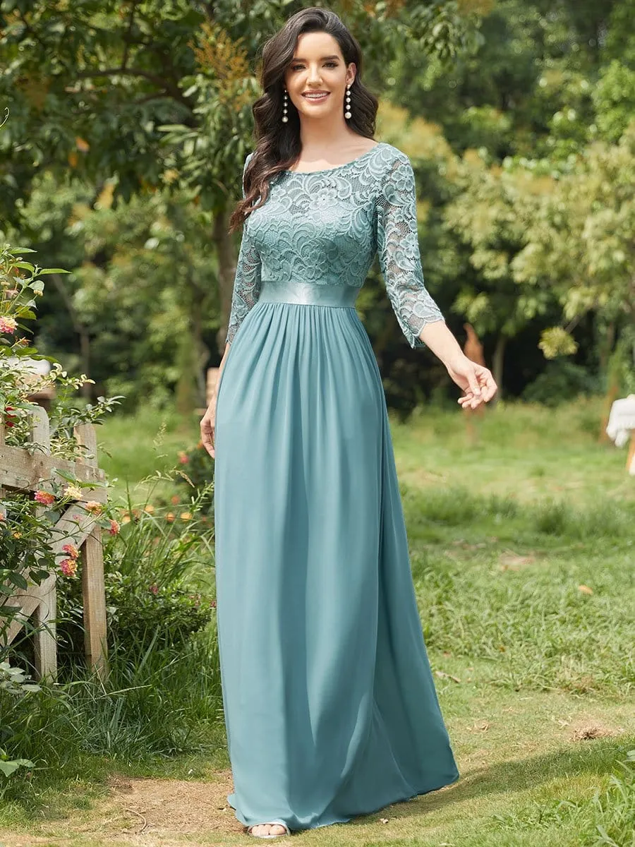 See-Through Floor Length Lace Chiffon Evening Dress with Half Sleeve