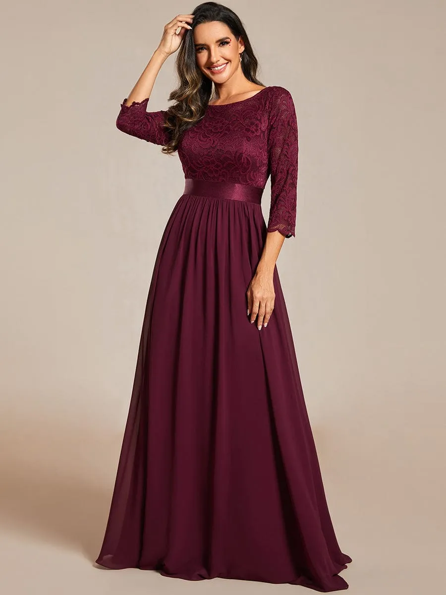 See-Through Floor Length Lace Chiffon Evening Dress with Half Sleeve