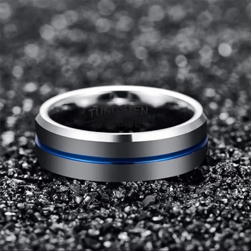 Silver Tungsten with Central Blue Inlay Wedding Ring (8mm)