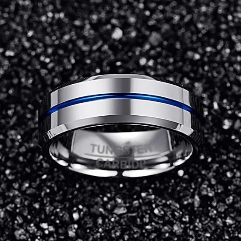 Silver Tungsten with Central Blue Inlay Wedding Ring (8mm)