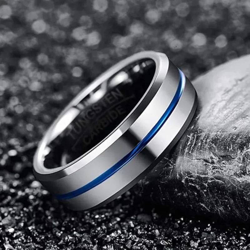 Silver Tungsten with Central Blue Inlay Wedding Ring (8mm)